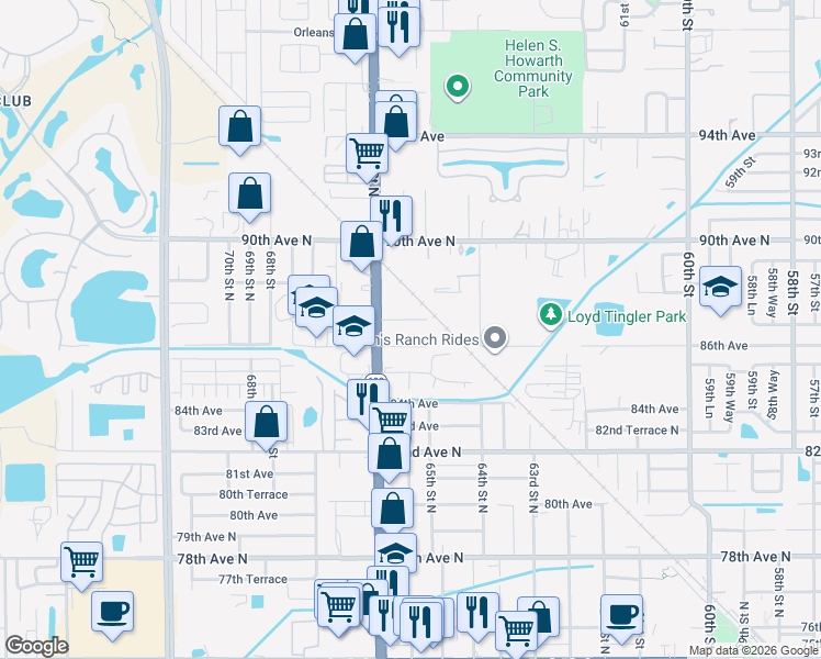 map of restaurants, bars, coffee shops, grocery stores, and more near 6585 86th Avenue in Pinellas Park