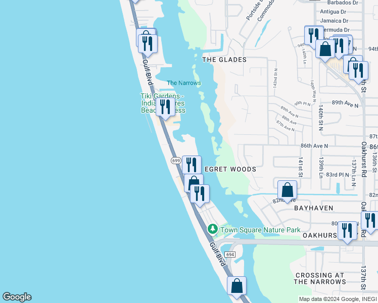 map of restaurants, bars, coffee shops, grocery stores, and more near 19451 Florida 699 in Indian Shores
