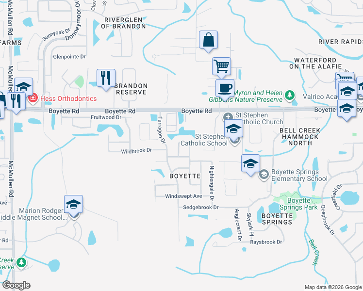 map of restaurants, bars, coffee shops, grocery stores, and more near 10207 Rainbridge Drive in Riverview