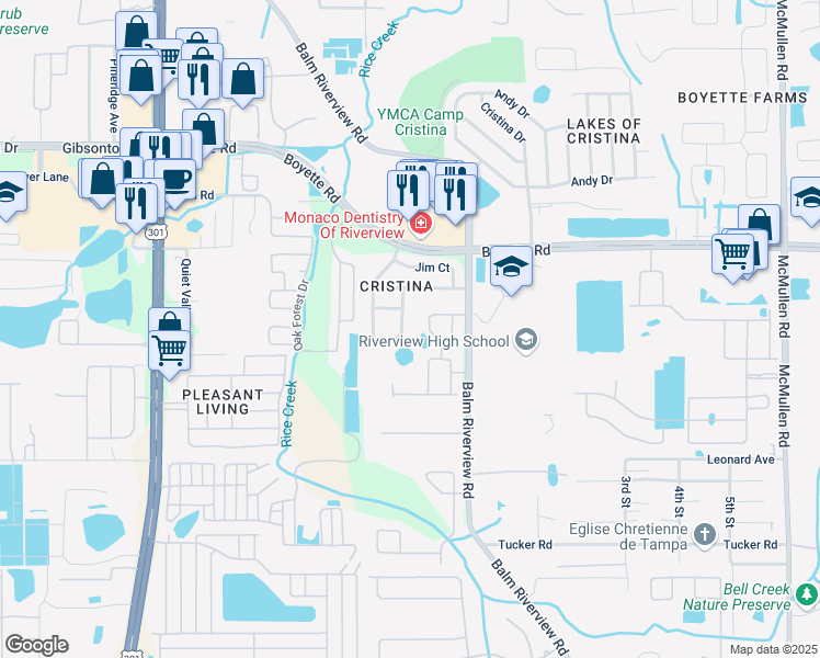 map of restaurants, bars, coffee shops, grocery stores, and more near 10245 Allenwood Drive in Riverview