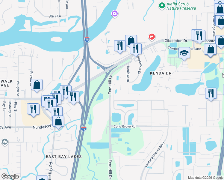 map of restaurants, bars, coffee shops, grocery stores, and more near 10153 Golden Wonder Lane in Riverview