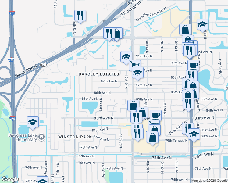 map of restaurants, bars, coffee shops, grocery stores, and more near 1248 86th Avenue North in St. Petersburg
