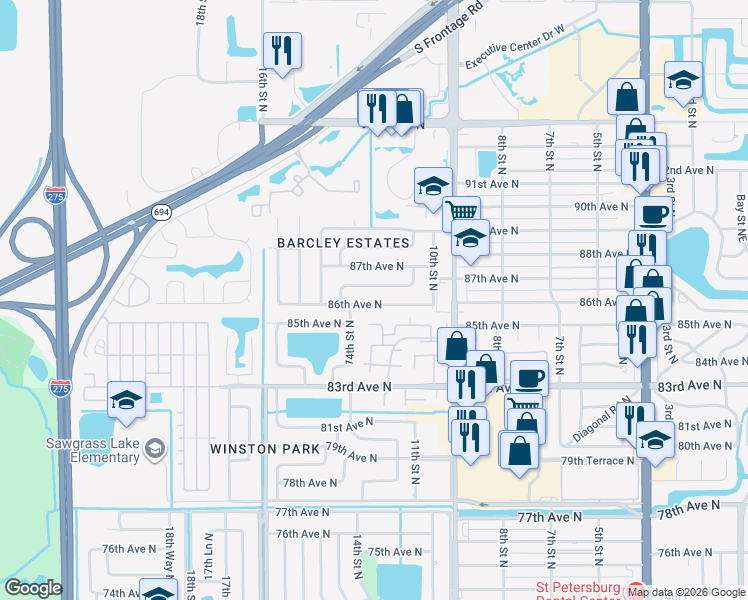 map of restaurants, bars, coffee shops, grocery stores, and more near 1248 86th Avenue North in St. Petersburg