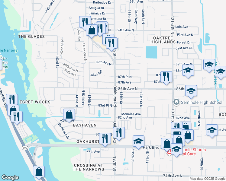 map of restaurants, bars, coffee shops, grocery stores, and more near 13703 85th Terrace North in Seminole