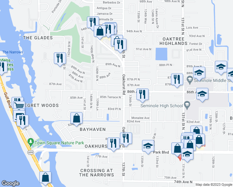 map of restaurants, bars, coffee shops, grocery stores, and more near 13764 86th Avenue North in Seminole