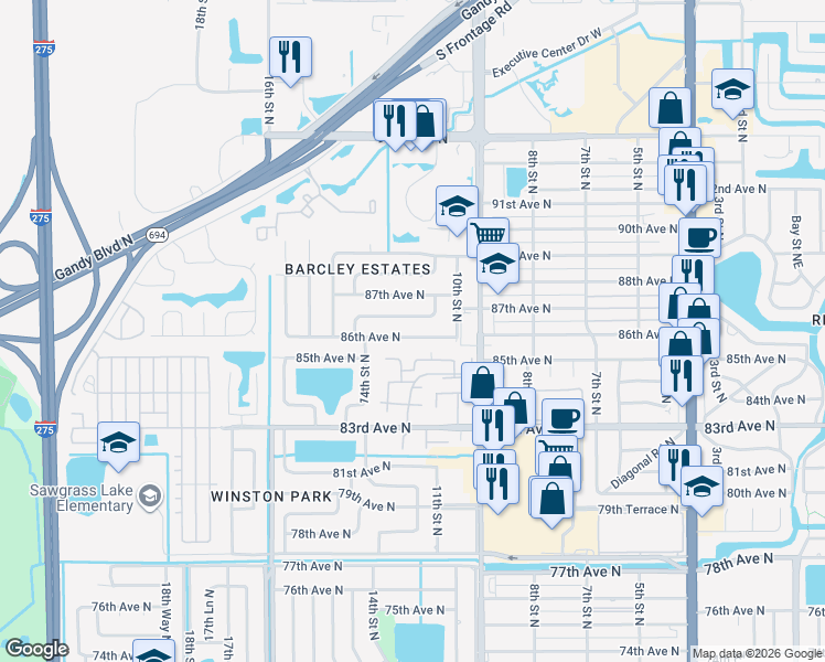 map of restaurants, bars, coffee shops, grocery stores, and more near 1248 86th Avenue North in St. Petersburg