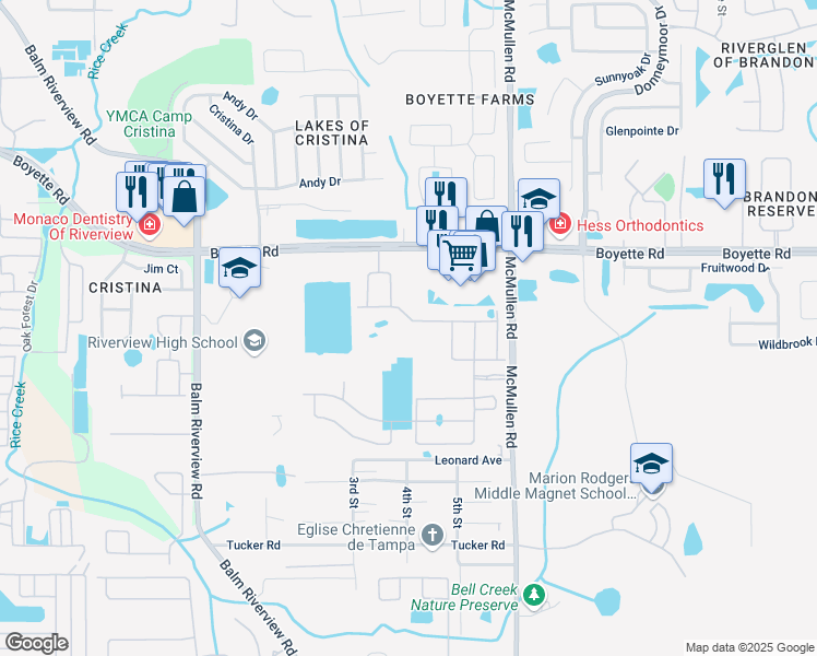 map of restaurants, bars, coffee shops, grocery stores, and more near 11630 Cambium Crown Drive in Riverview