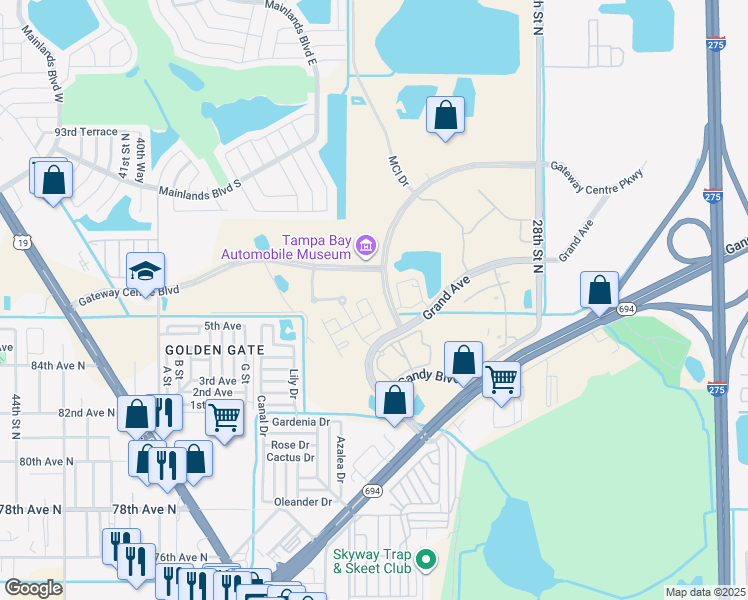 map of restaurants, bars, coffee shops, grocery stores, and more near 3165 Grand Avenue in Pinellas Park