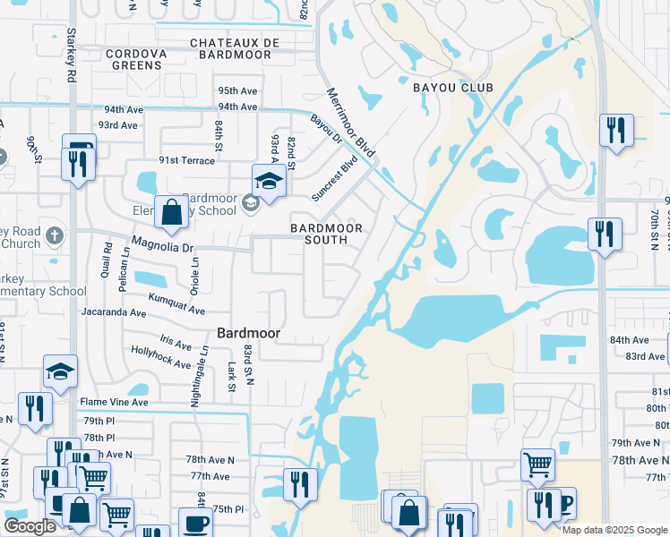 map of restaurants, bars, coffee shops, grocery stores, and more near 8646 Kenwood Road in Seminole