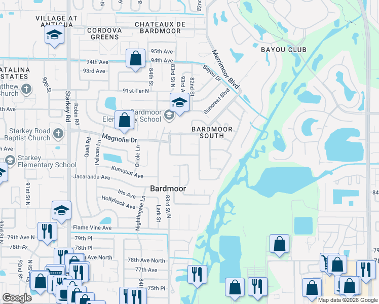 map of restaurants, bars, coffee shops, grocery stores, and more near 8120 Norwood Road in Seminole