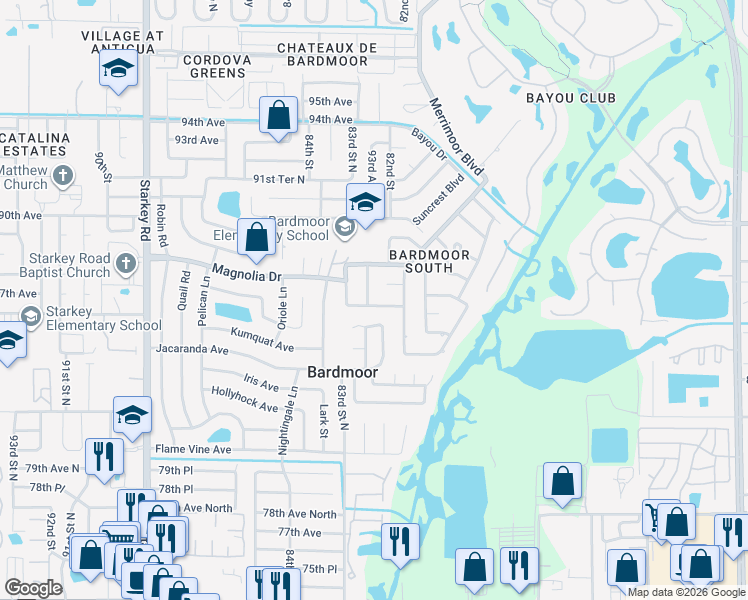 map of restaurants, bars, coffee shops, grocery stores, and more near 8120 Norwood Road in Seminole