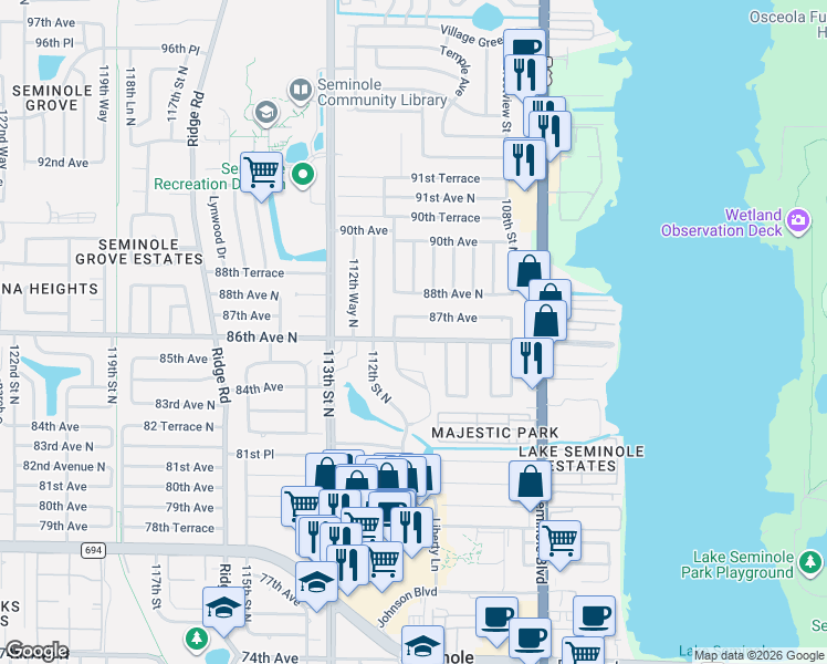 map of restaurants, bars, coffee shops, grocery stores, and more near 11100 86th Avenue North in Seminole