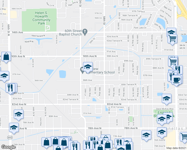 map of restaurants, bars, coffee shops, grocery stores, and more near 8700 58th Lane in Pinellas Park