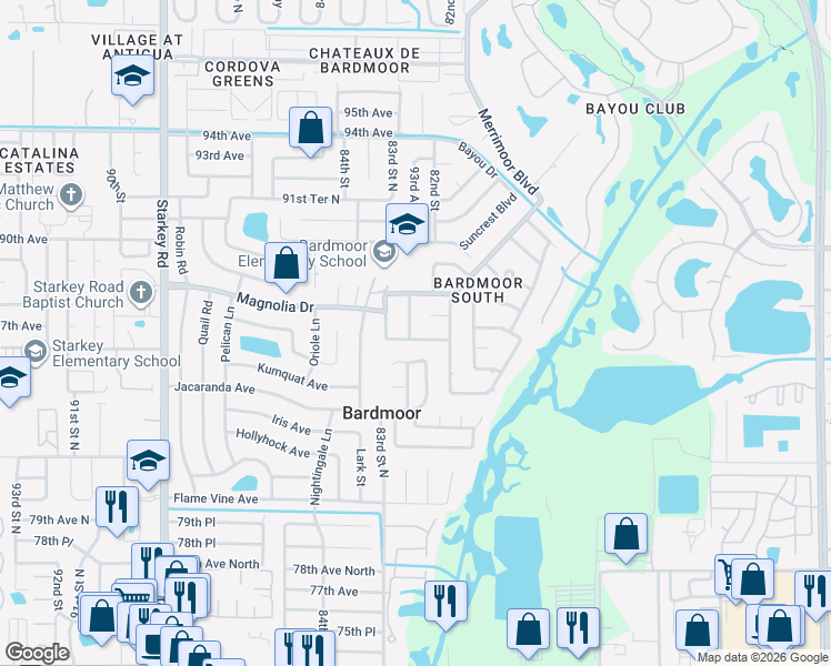 map of restaurants, bars, coffee shops, grocery stores, and more near 8120 Norwood Road in Seminole