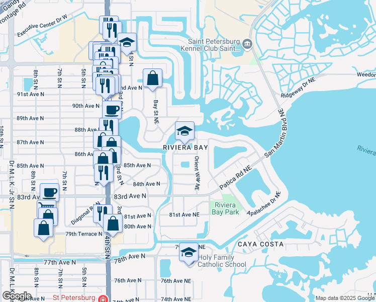 map of restaurants, bars, coffee shops, grocery stores, and more near 307 87th Avenue Northeast in Saint Petersburg