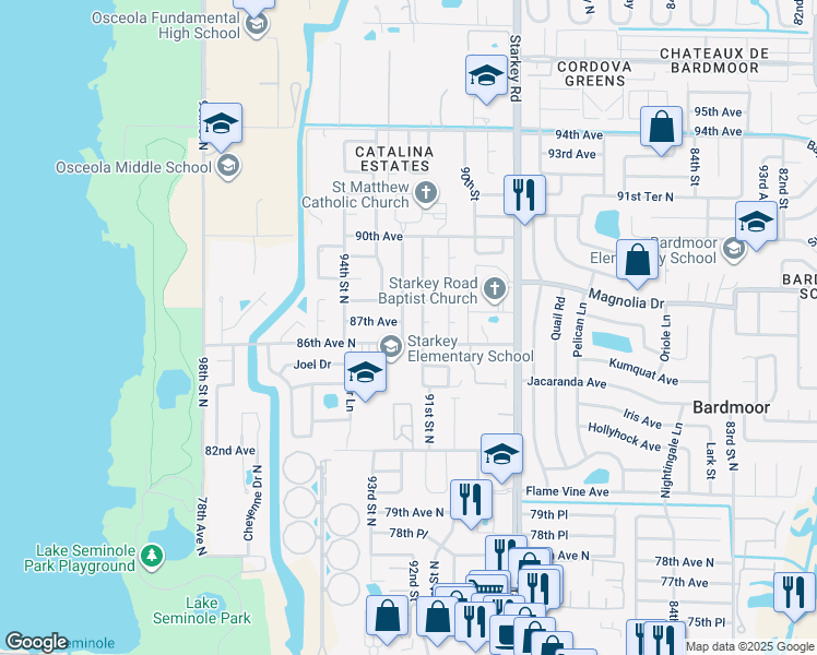 map of restaurants, bars, coffee shops, grocery stores, and more near 8665 92nd Street in Seminole