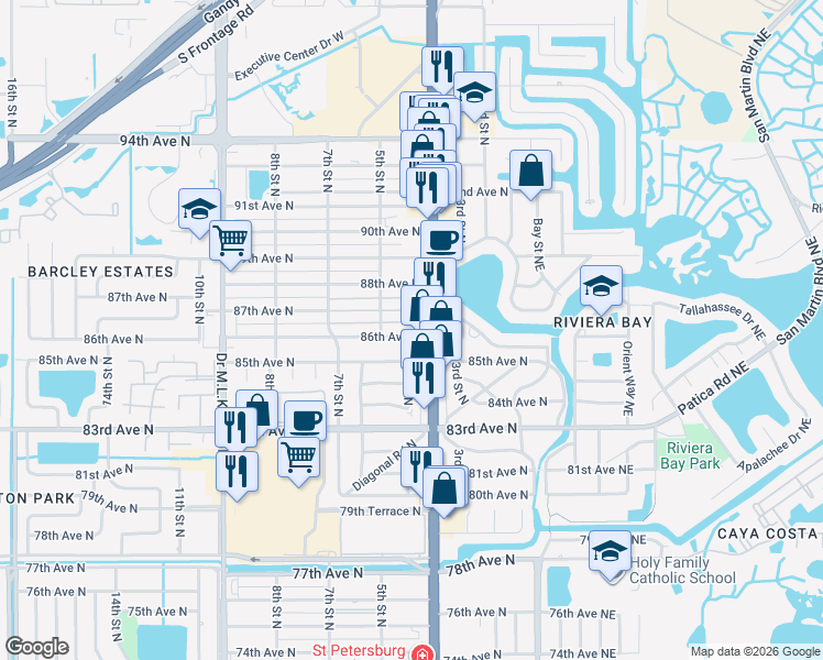 map of restaurants, bars, coffee shops, grocery stores, and more near 433 86th Avenue North in St. Petersburg
