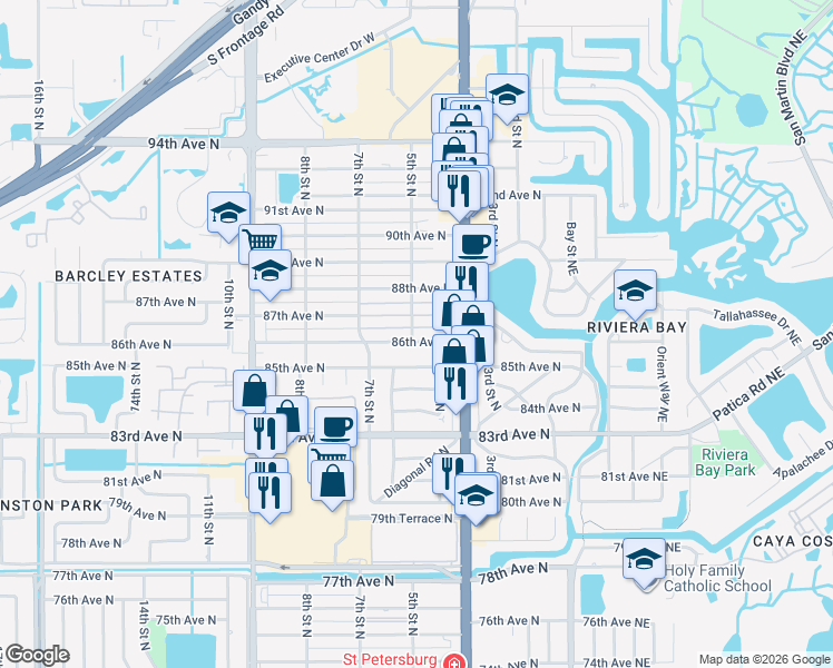 map of restaurants, bars, coffee shops, grocery stores, and more near 500 86th Avenue North in St. Petersburg