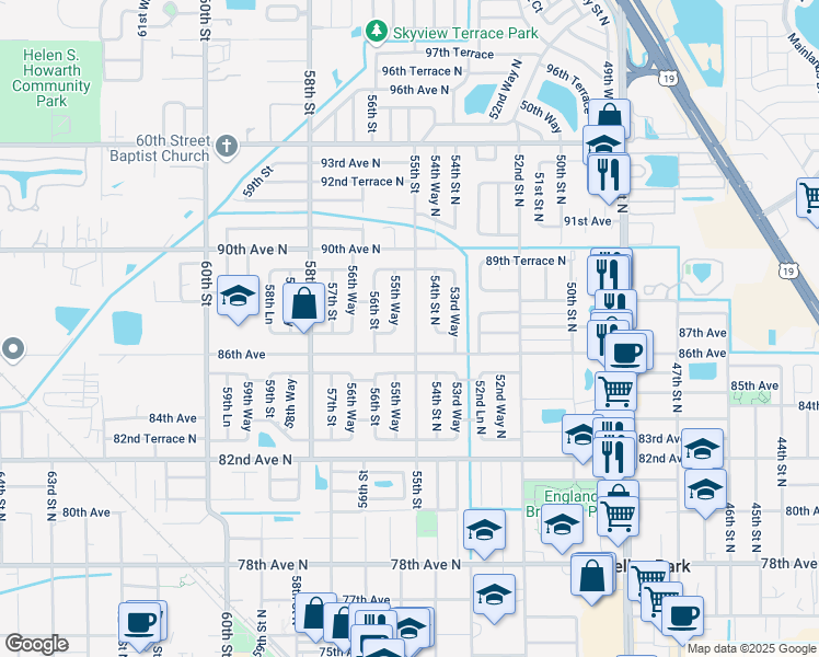 map of restaurants, bars, coffee shops, grocery stores, and more near 8630 55th Street in Pinellas Park