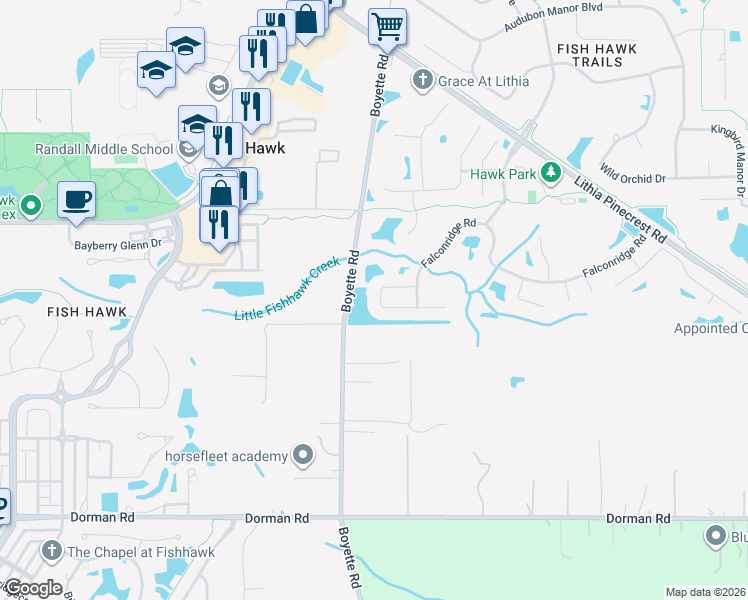 map of restaurants, bars, coffee shops, grocery stores, and more near 16823 Harrierridge Place in Lithia