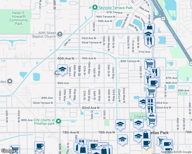 map of restaurants, bars, coffee shops, grocery stores, and more near 8701 56th Street in Pinellas Park