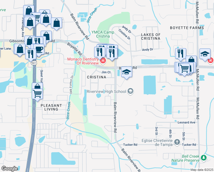 map of restaurants, bars, coffee shops, grocery stores, and more near 11111 Black Forest Trail in Riverview