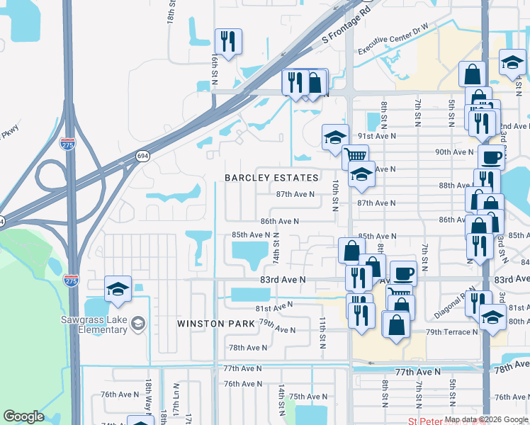 map of restaurants, bars, coffee shops, grocery stores, and more near 1400 86th Avenue North in St. Petersburg