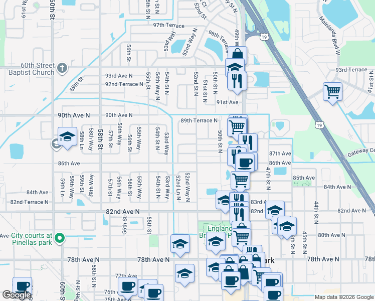 map of restaurants, bars, coffee shops, grocery stores, and more near 5281 86th Avenue in Pinellas Park
