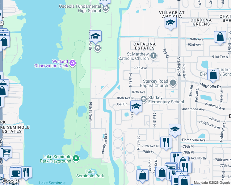 map of restaurants, bars, coffee shops, grocery stores, and more near 9521 86th Avenue in Seminole