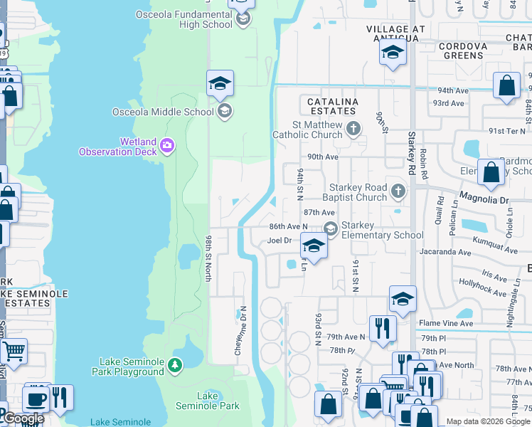 map of restaurants, bars, coffee shops, grocery stores, and more near 9521 86th Avenue in Seminole