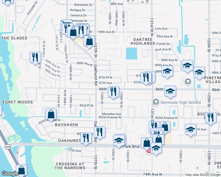 map of restaurants, bars, coffee shops, grocery stores, and more near 13565 86th Avenue North in Seminole