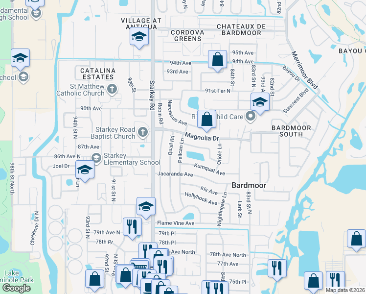 map of restaurants, bars, coffee shops, grocery stores, and more near 8631 Pelican Lane in Seminole