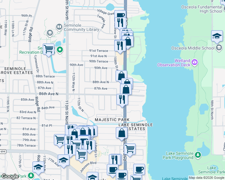 map of restaurants, bars, coffee shops, grocery stores, and more near 8590 108th Way in Seminole