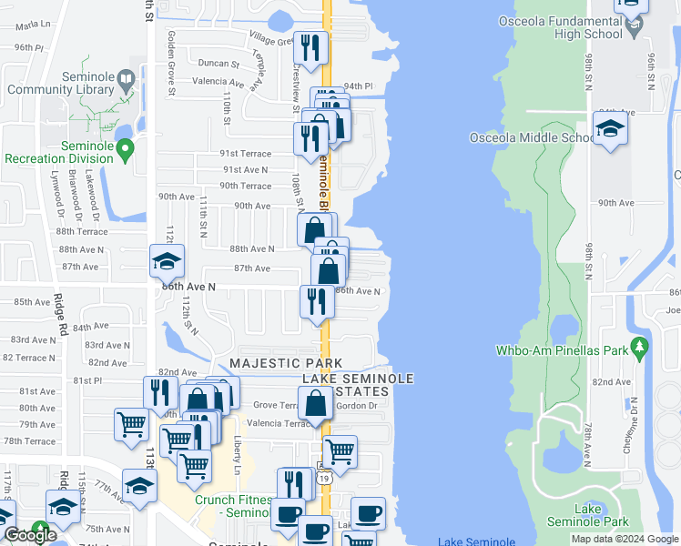 map of restaurants, bars, coffee shops, grocery stores, and more near 8667 Seminole Boulevard in Seminole