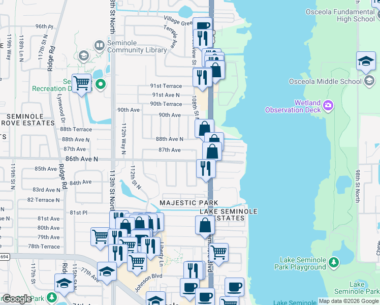 map of restaurants, bars, coffee shops, grocery stores, and more near 8590 108th Way in Seminole