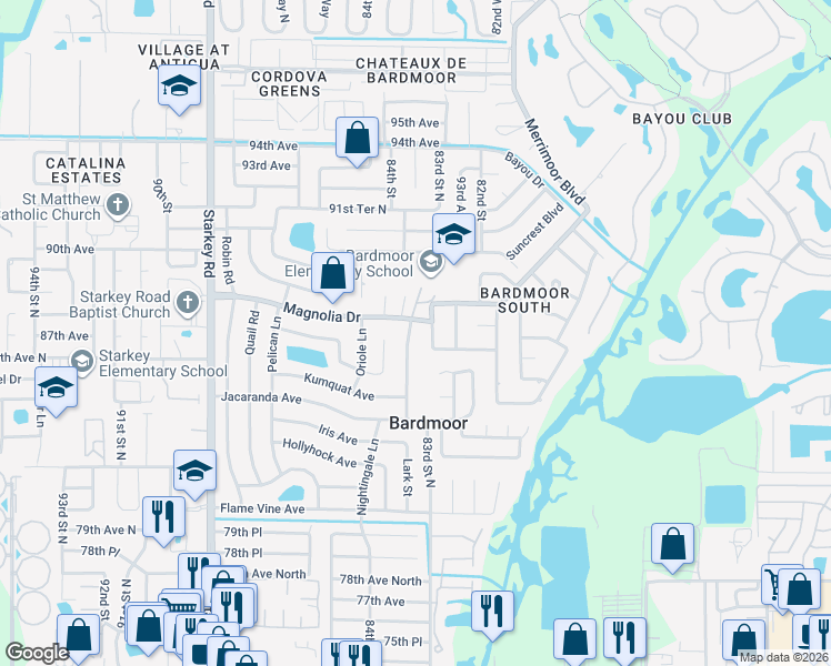 map of restaurants, bars, coffee shops, grocery stores, and more near 8665 Mockingbird Lane in Seminole