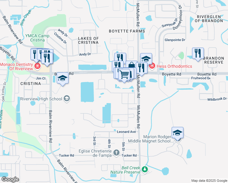 map of restaurants, bars, coffee shops, grocery stores, and more near 11630 Cambium Crown Drive in Riverview