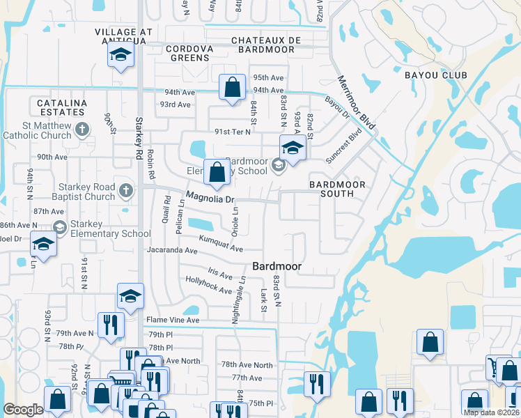 map of restaurants, bars, coffee shops, grocery stores, and more near 8664 Mockingbird Lane in Seminole