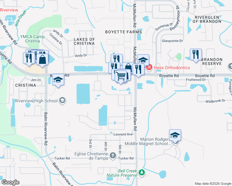 map of restaurants, bars, coffee shops, grocery stores, and more near 11637 Boyette Road in Riverview