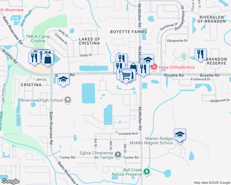 map of restaurants, bars, coffee shops, grocery stores, and more near 11637 Boyette Road in Riverview