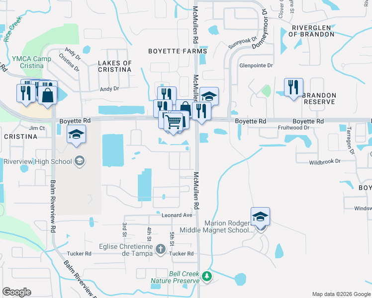 map of restaurants, bars, coffee shops, grocery stores, and more near 11752 Cambium Crown Drive in Riverview