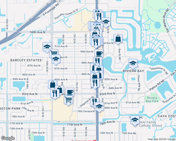 map of restaurants, bars, coffee shops, grocery stores, and more near 518 87th Terrace North in St. Petersburg