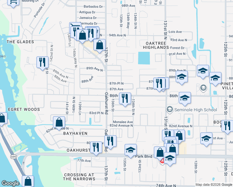 map of restaurants, bars, coffee shops, grocery stores, and more near 13615 86th Avenue North in Seminole