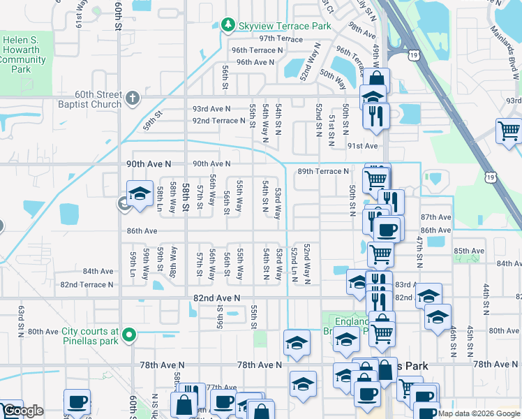 map of restaurants, bars, coffee shops, grocery stores, and more near 8730 54th Street North in Pinellas Park