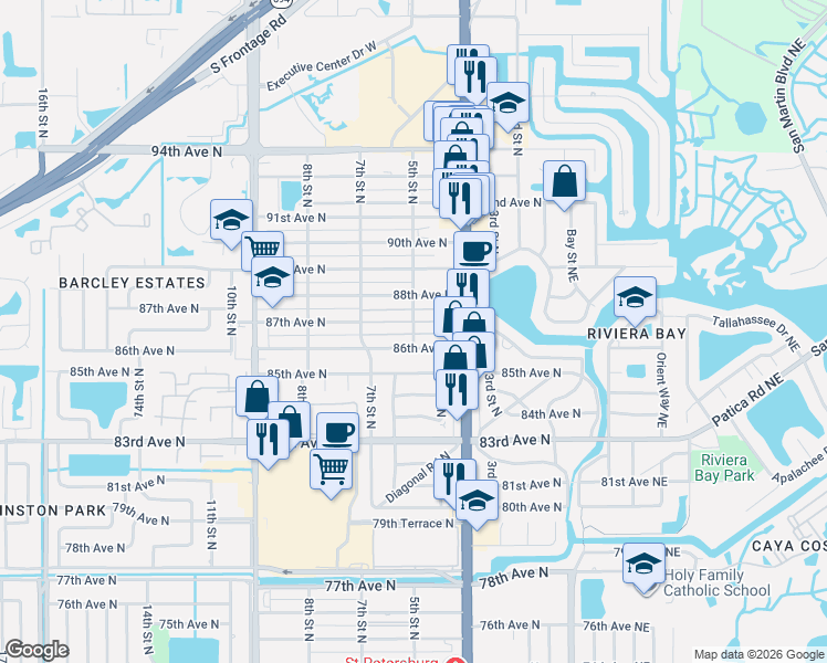 map of restaurants, bars, coffee shops, grocery stores, and more near 518 87th Terrace North in St. Petersburg