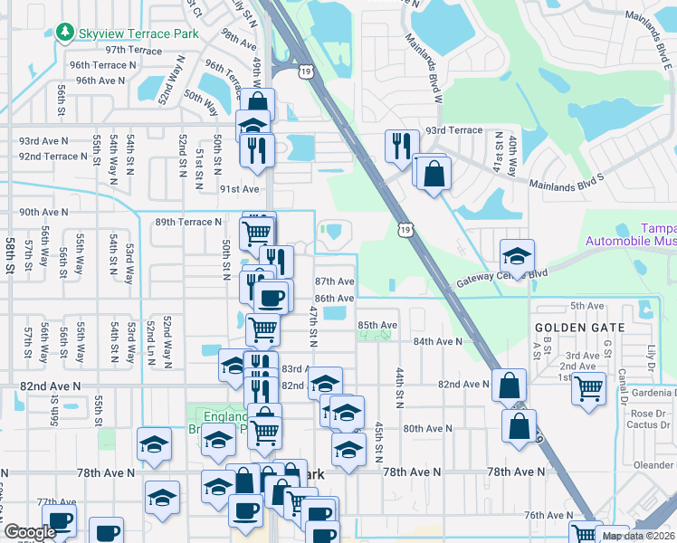 map of restaurants, bars, coffee shops, grocery stores, and more near 4601 87th Terrace in Pinellas Park