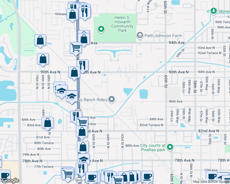 map of restaurants, bars, coffee shops, grocery stores, and more near 8851 64th Street North in Pinellas Park