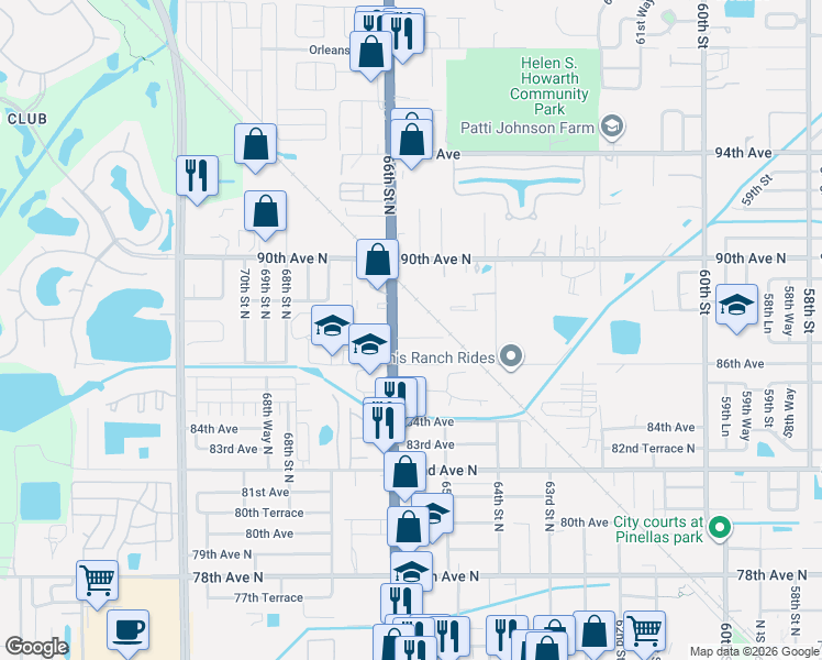 map of restaurants, bars, coffee shops, grocery stores, and more near 8801 66th Street North in Pinellas Park