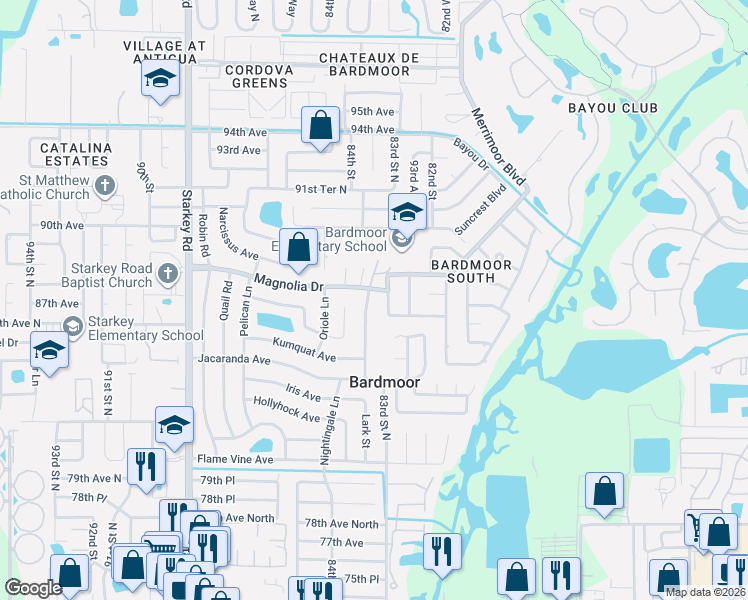 map of restaurants, bars, coffee shops, grocery stores, and more near 8802 Magnolia Court in Seminole