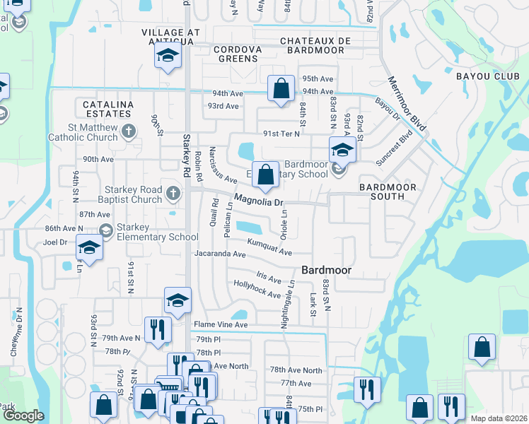 map of restaurants, bars, coffee shops, grocery stores, and more near 8615 Magnolia Drive in Seminole